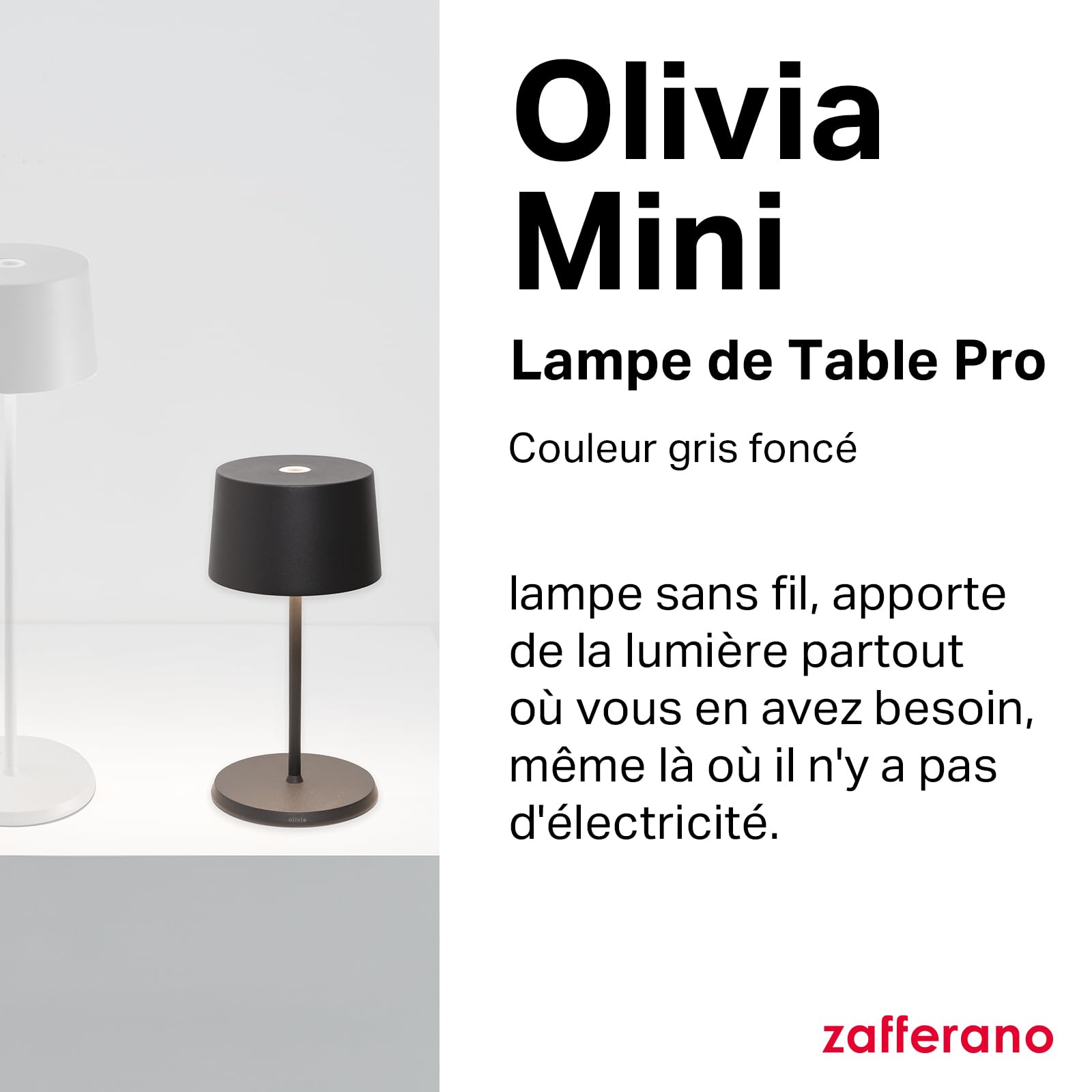 Zafferano, Lampe Olivia Mini, Lampe de Table Portable et Rechargeable avec Contrôle Tactile, Convient pour le Salon et l'Extérieur, Dimmer 2200-3000 K, Hauteur 22 cm, Couleur Gris Foncé