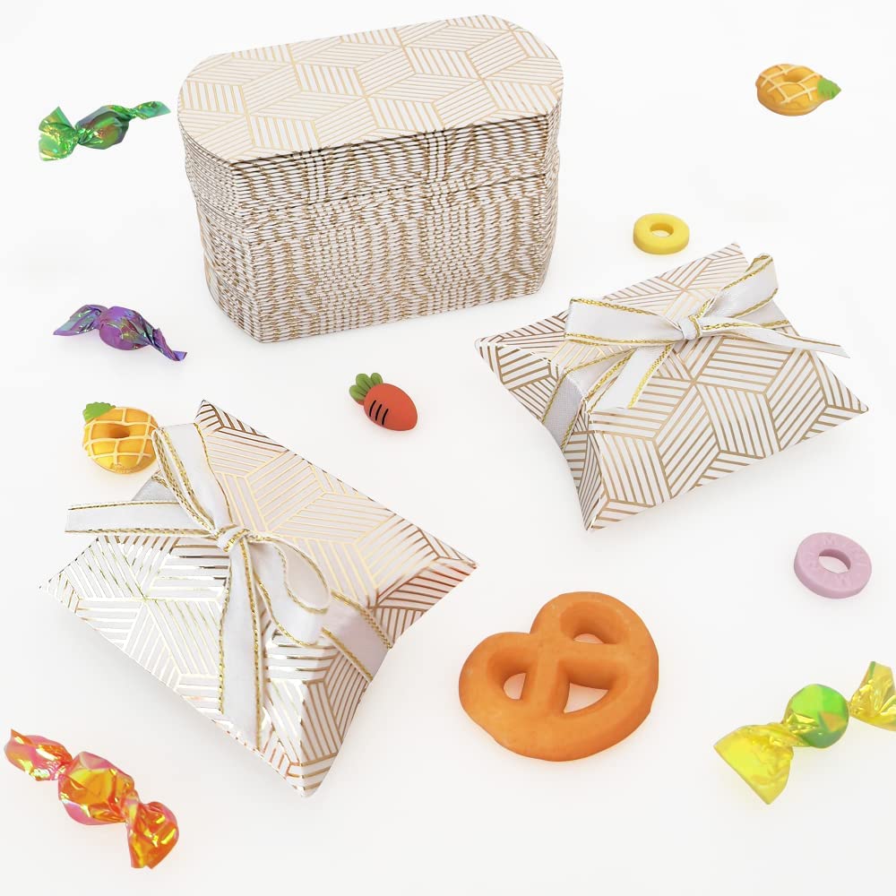 MAKINGTEC 50 Pack Candy Box, Candy Box, Kraft Paper Pillow Candy Box, Decor Girl Birthday Baby Party Ideas Wedding Supplies (Gold Diamonds 3.58x2.48 Inches)