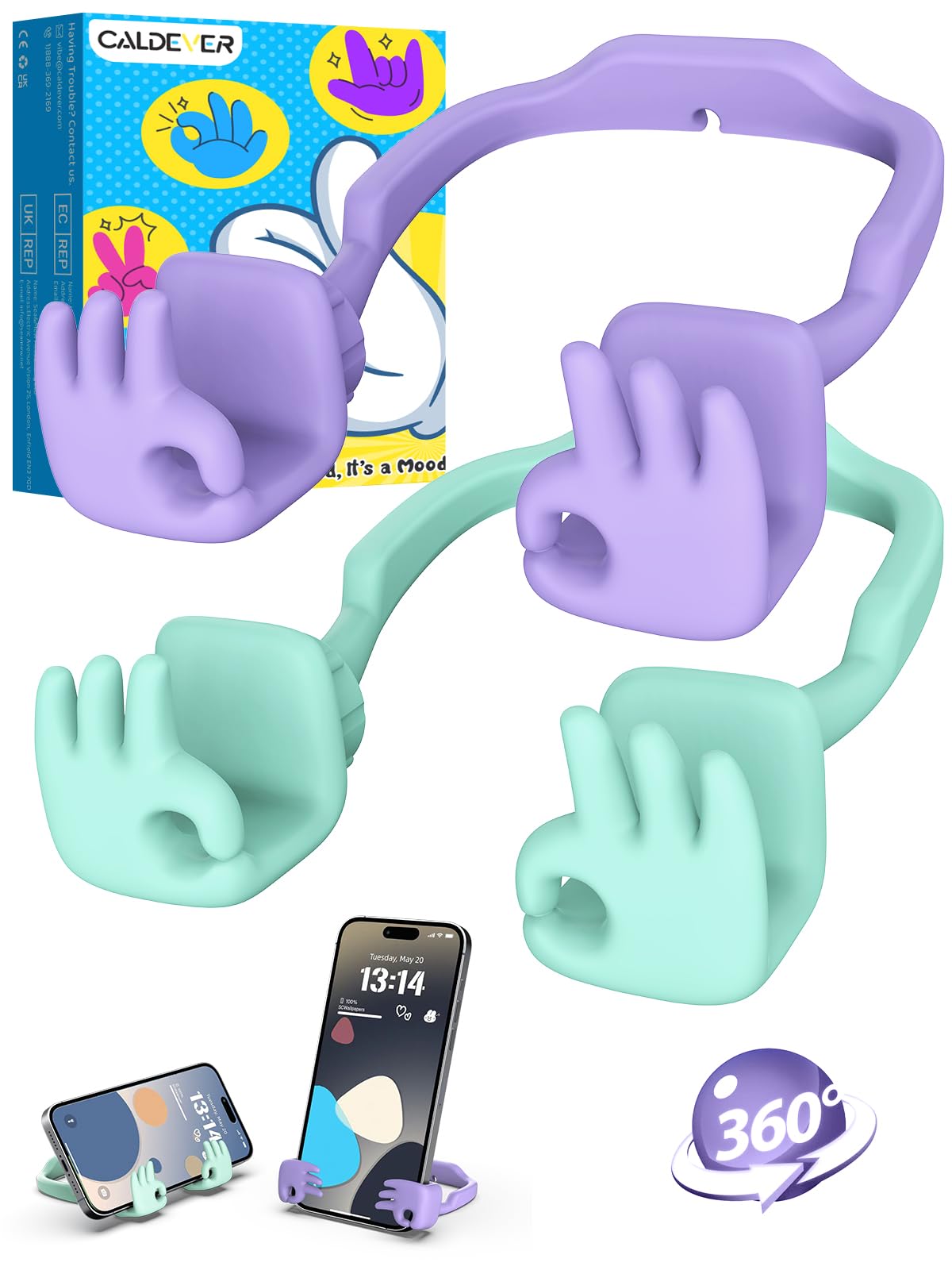 Valentines Gifts for Teens Kids Girls Boys: Cell Phone Stand Upgrade Adjustable OK Thumbs Lazy Phone Stand for Desk Cool Gadgets Funny Birthday Gift Ideas for Adults Teenage Women 2 Pack-Purple Green