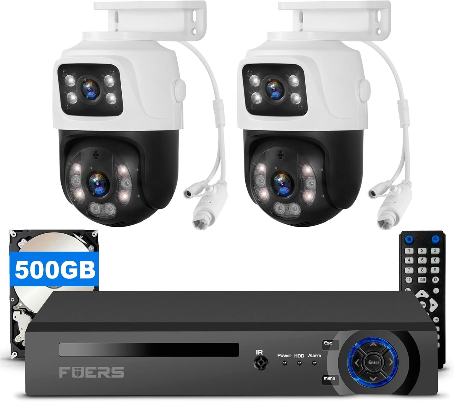 Fuers 4CH 4K Security Camera System, 2 pcs Wired PoE Dual Lens Cameras for Home Security Outdoors, 8MP 4 Channel NVR with 500G HDD for 24-7 Recording,Person Detection,Remote Access
