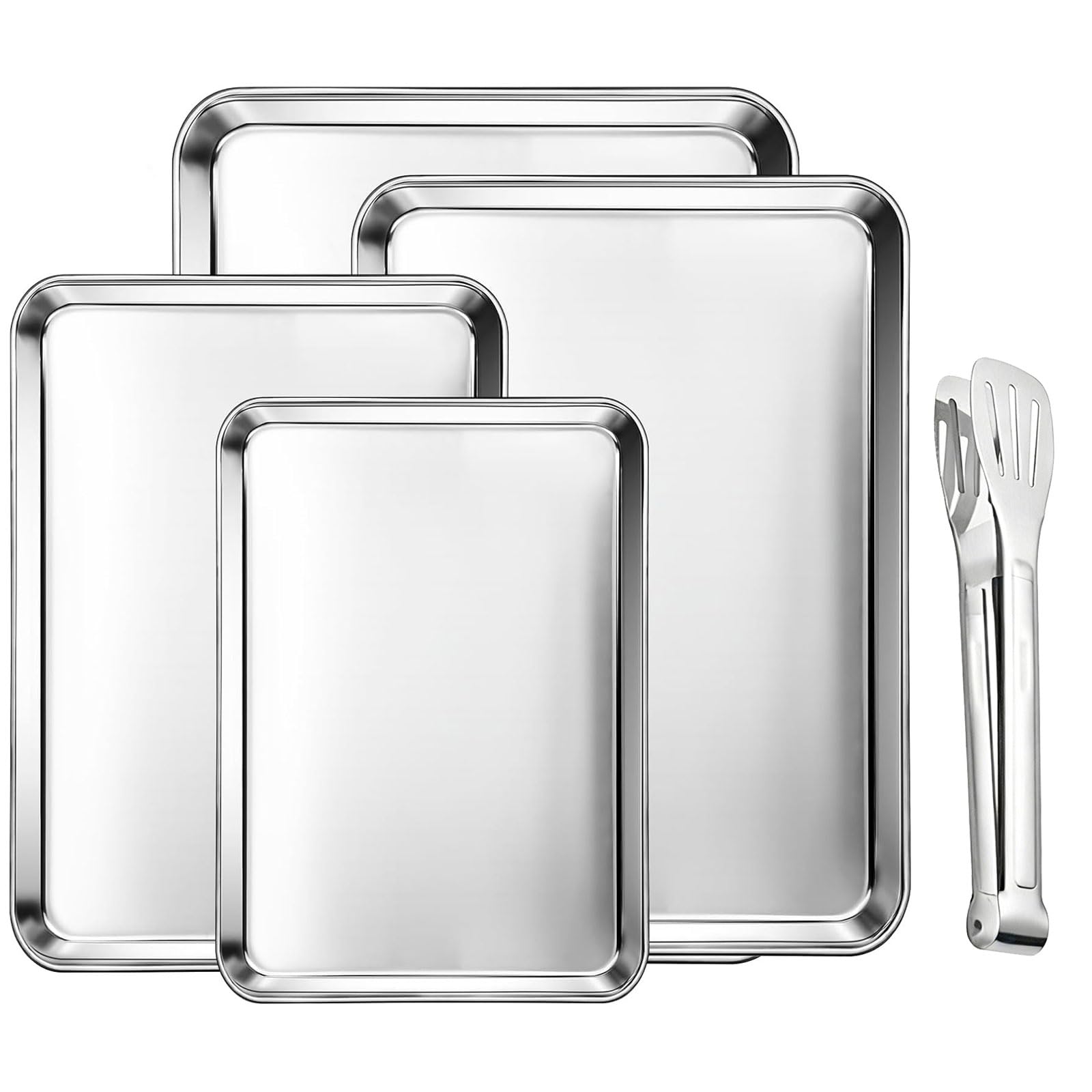 Set di 4 teglie da forno con clip da forno, in acciaio inox, facili da pulire, rettangolari, per cuocere o arrostire, lavabili in lavastoviglie