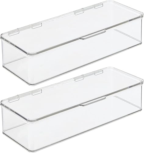 Miniatura 9 de mDesign Caja organizadora larga de plástico para despensanevera con tapa de bisagra para estantes o gabinetes, capacidad para alimentos, aperitivos,