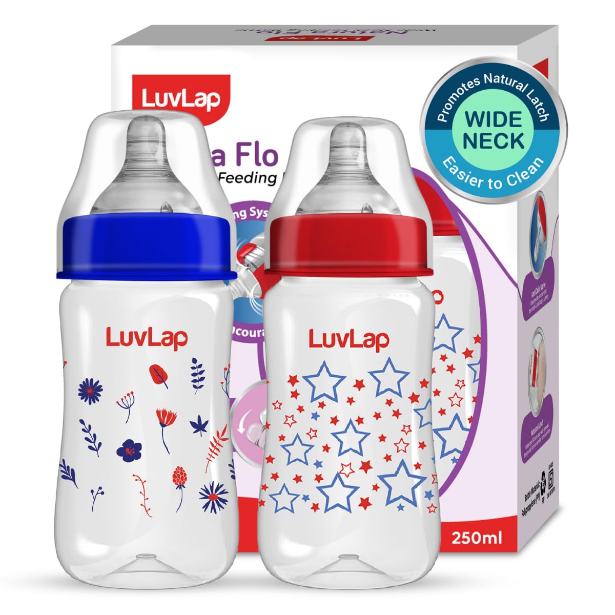 LuvLap Anti-Colic Wide Neck Natura Flo Baby Plastic Feeding Bottle, 250Ml (Pack of 2), New Born/Infants/Toddler Upto 3 Years, Stars, BPA Free