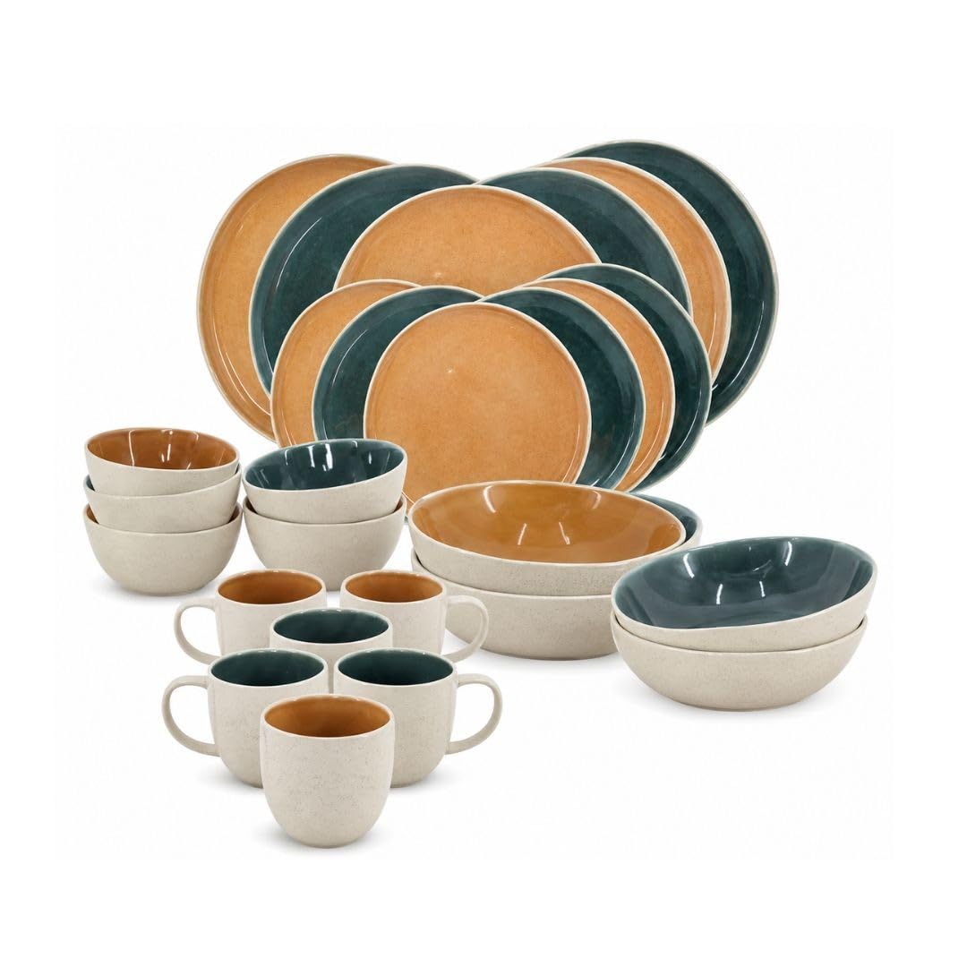 Service de Table 30 Pièces Coralia, Porcelaine Émaillée Réactive, Assiettes et Bols, Tons Beige Orange Vert, Collection A Création