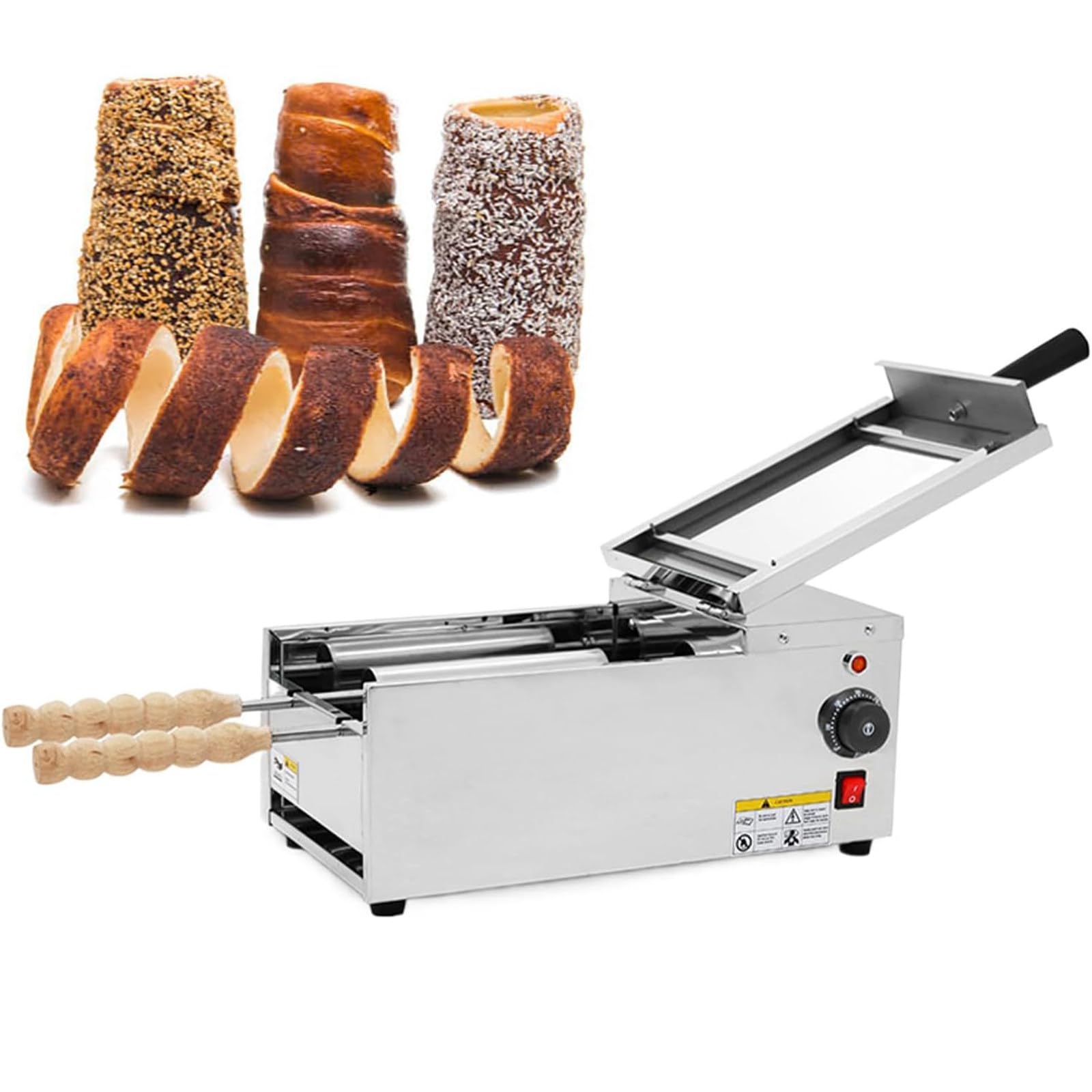 GSHSHOU Commercial Chimney Cake Machine Electric Oven, Electric Ice Cream Cone Chimney Cake Roll Maker with 2 Types Conical Stick, Temp & Time Control for Bakery Kitchen Bar
