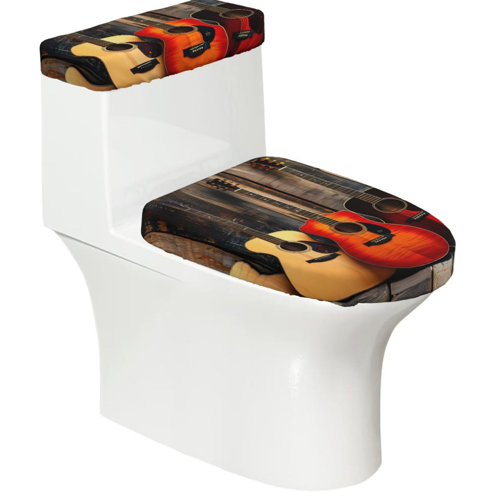X Psblty Guitars Toilet Seat Cover Set 2 Piece Bathroom Decor Toilet Lid Cover With Tank Top Cover Stretch Fit Soft Fabric For Home 15-21 Inch