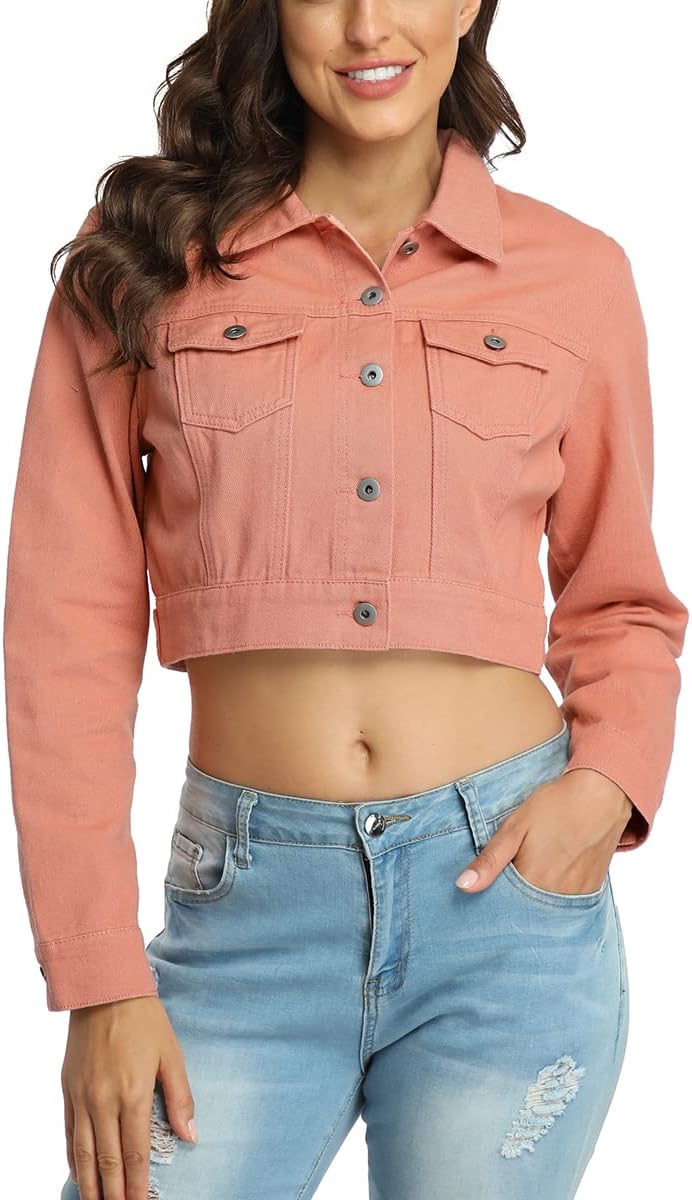 PEIQI Women’s Cropped Jean Denim Jacket Button Down Long Sleeve with Pockets - Image 3