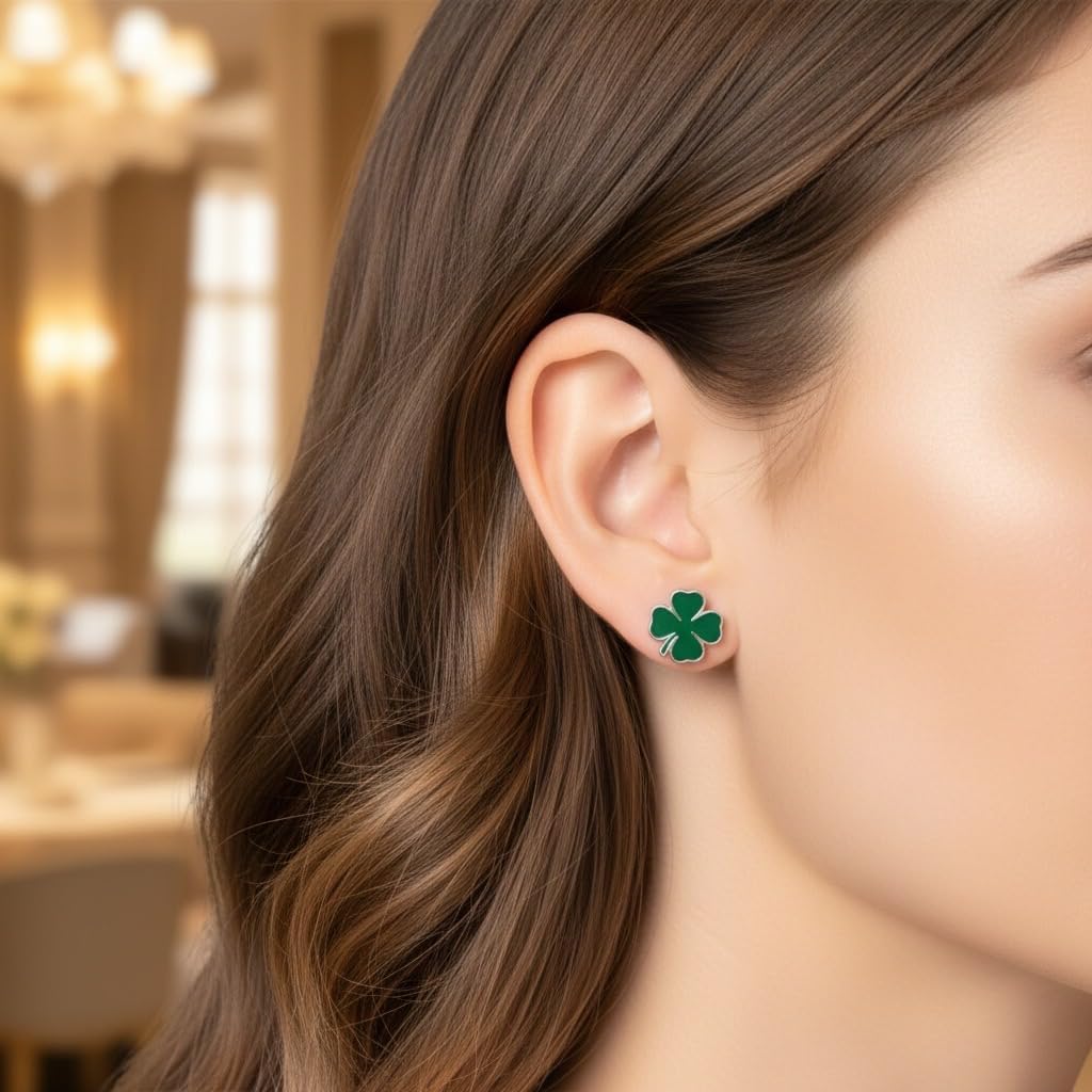 925 Sterling Silver Set of 3 Pairs Lucky Irish Set Four Leaf Clover, Crystal Horseshoe, Emerald Green Round Crystal Stud Earrings (Nickel Free)