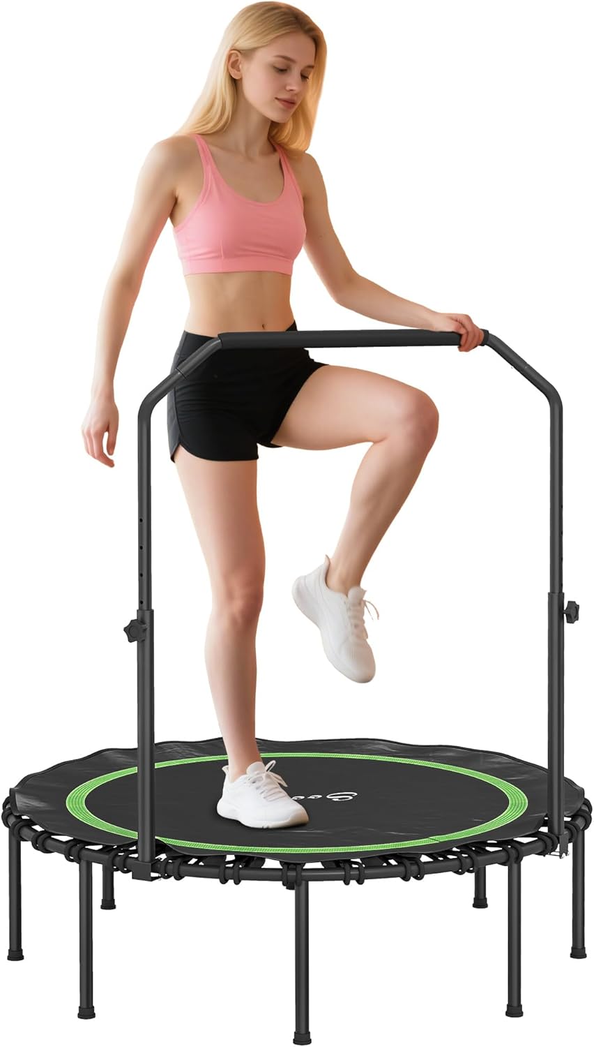 Soozier 45"/48" Rebounder Trampoline for Adults, 440lbs Foldable Mini Trampoline with Adjustable Handle, Quiet and Safe Bungee Rebounder Jumping Cardio Trainer for Indoor Outdoor Fitness Workout
