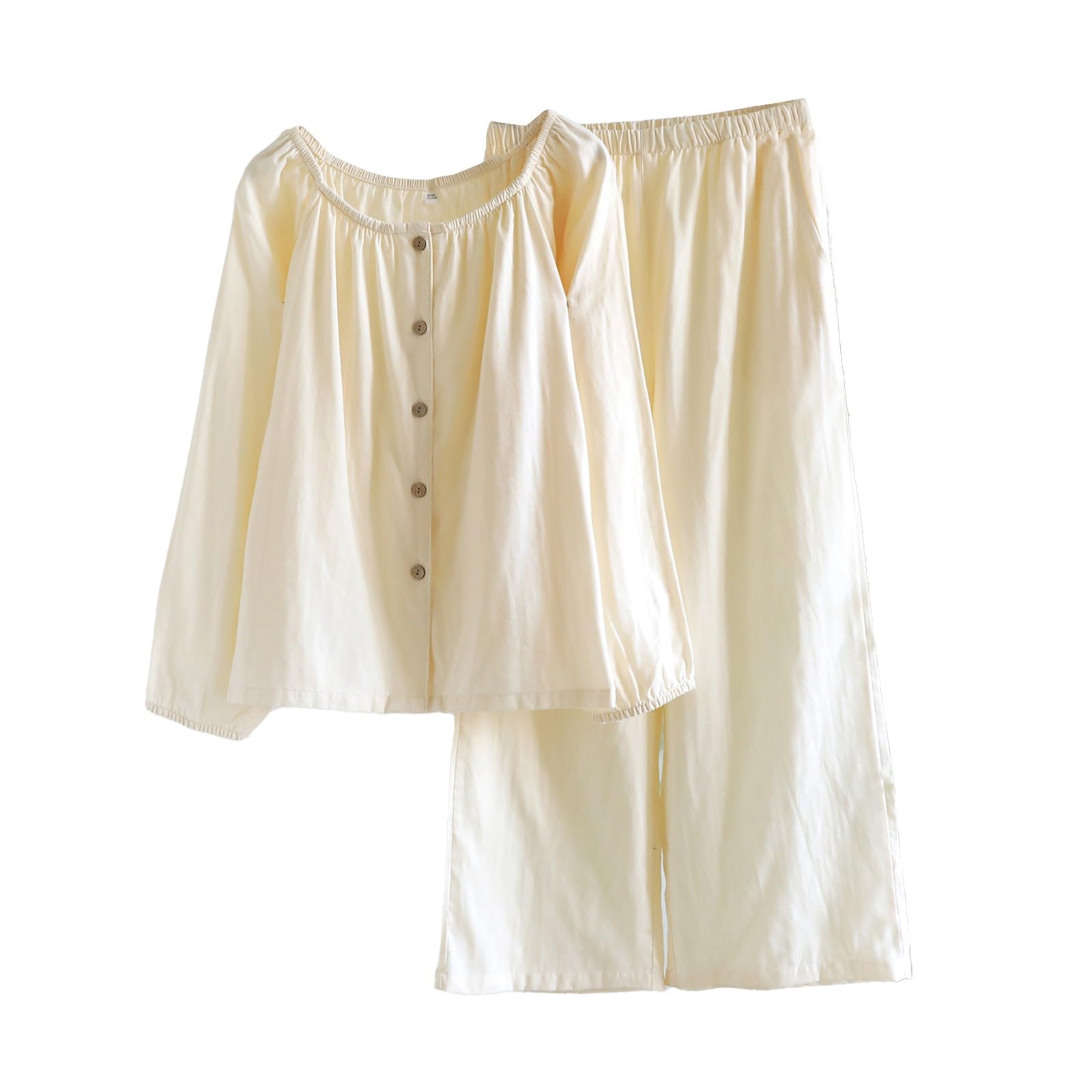 Pigiama da donna in cotone, vestibilità ampia, con bottoni, a maniche lunghe, con bottoni, set da notte in 2 pezzi, comodo, tinta unita, con pantaloni a gamba larga, set morbido