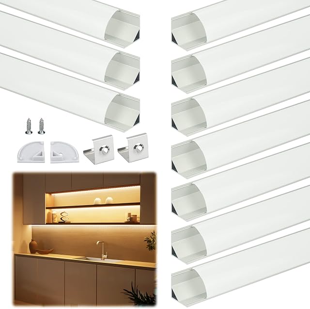 Muzata 10Pack 3.3FT/1M V-Shape LED Channel System with Milky White Cover Lens, Silver Aluminum Extrusion Profile Housing Track for Strip Tape Lights V1SW 1M WW,LV1 LW1