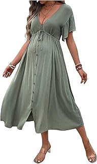 OYOANGLE Women's Maternity Drawstring Waist Midi Dress V Neck Ruffle Sho...