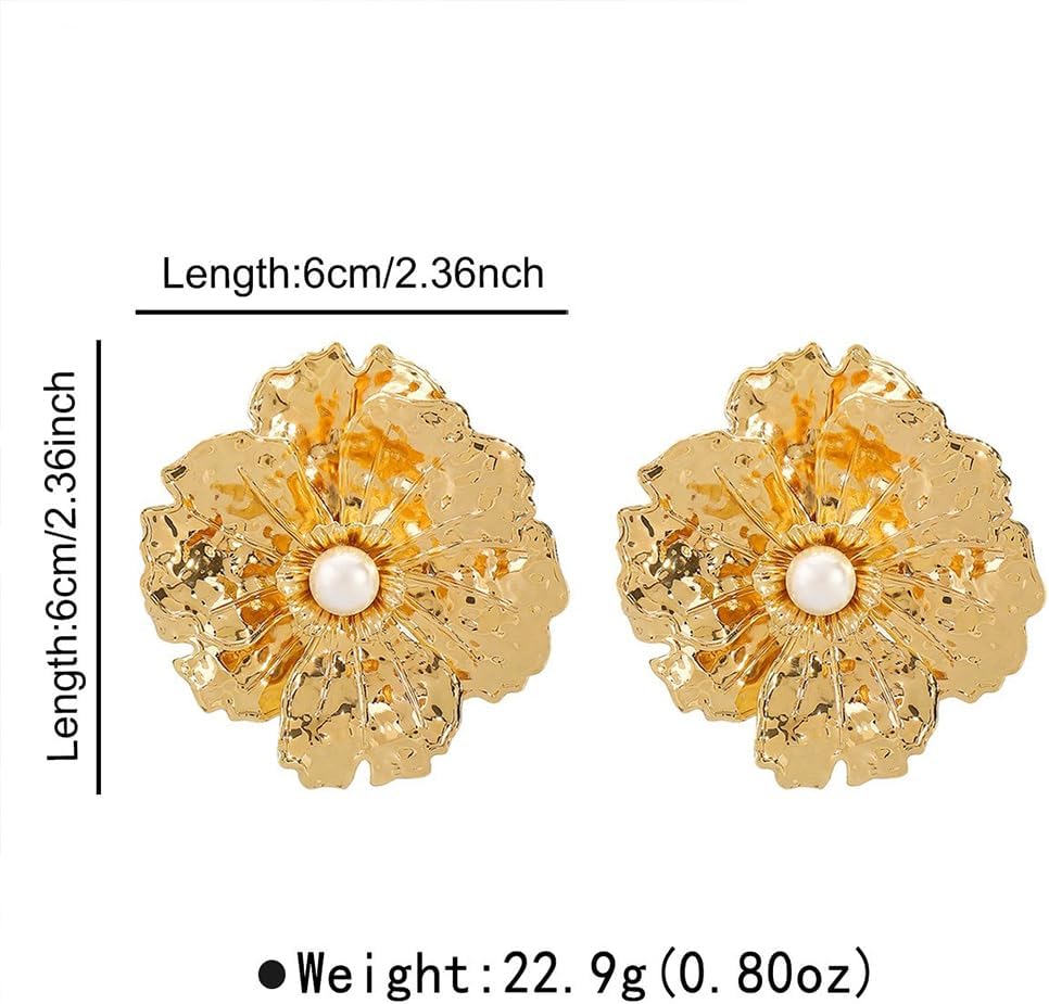 Unique Retro Gold Big Metal Flower Pearl Earrings for Women Trendy Exaggerated Hammered Large Floral Earring Punk Prom Party Jewelry Gift Accessory - Image 2