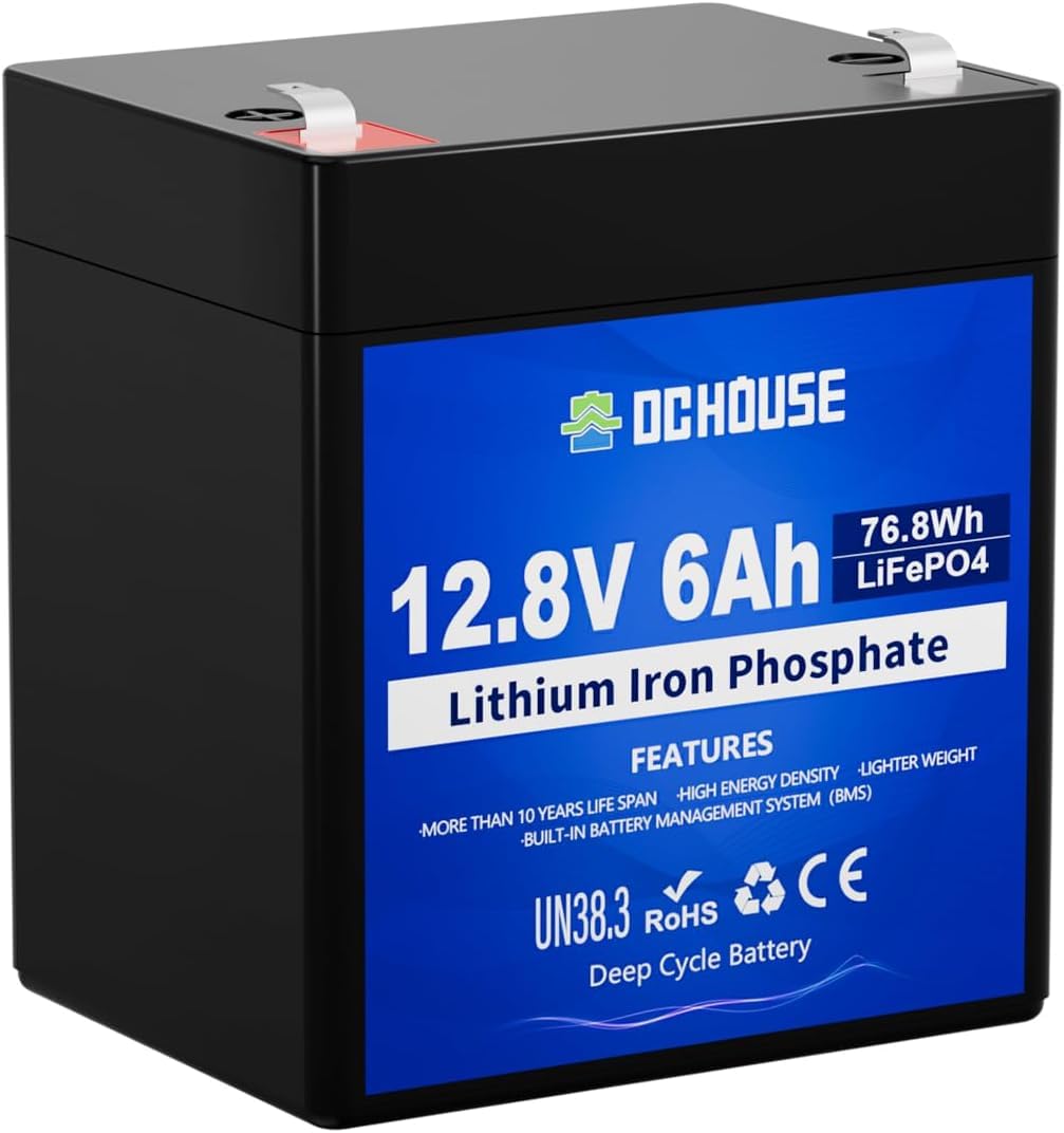 DCHOUSE Batterie au lithium LiFePO4 12V 6Ah à cycle profond avec plus de 4000 cycles, BMS intégré, parfait pour les scooters pour enfants, sondeur, éclairage, roues motrices, tondeuse à gazon, etc.