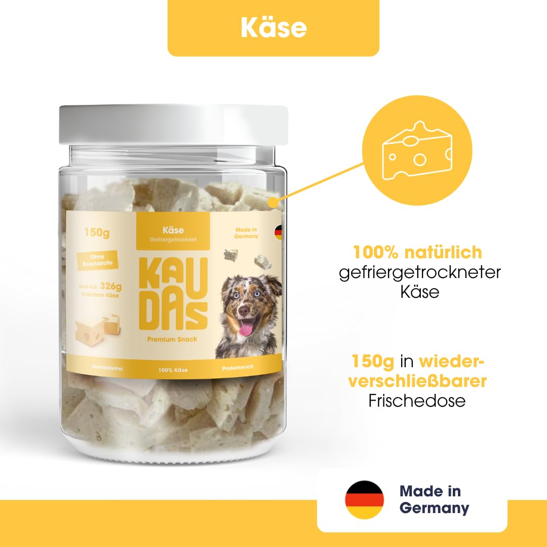 KäsePur Natursnack – 5 x 150g gefriergetrockneter Käse Leckerli Hund mit hohem Proteingehalt, 100% natürlicher Hundesnack aus je 326g Rohgewicht – ohne Zucker, Getreide & Zusatzstoffe