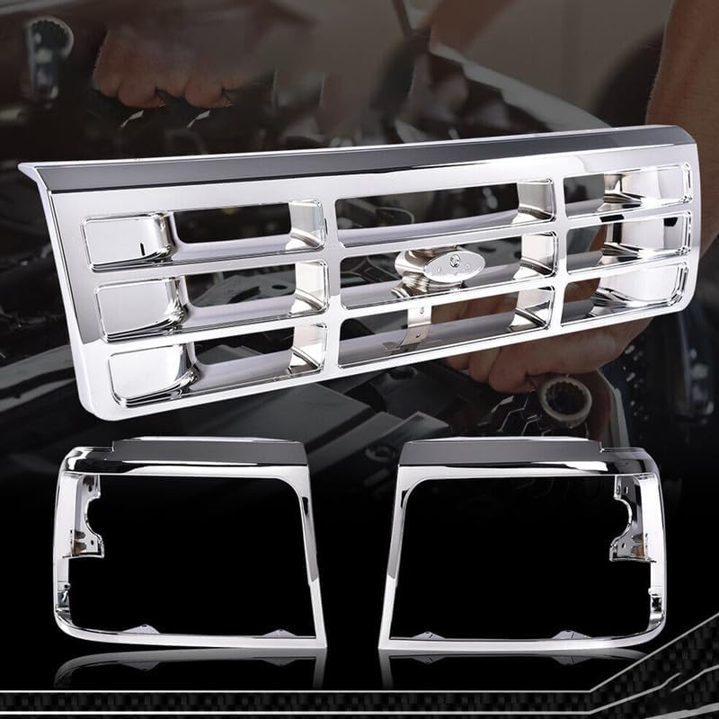 Chrome Bumper Grille Compatible with 1992-1997 F 15O F 25O F Super Duty Bronco Bumper Grille with Headlight Door Grille Kit 3Pcs FO1200173