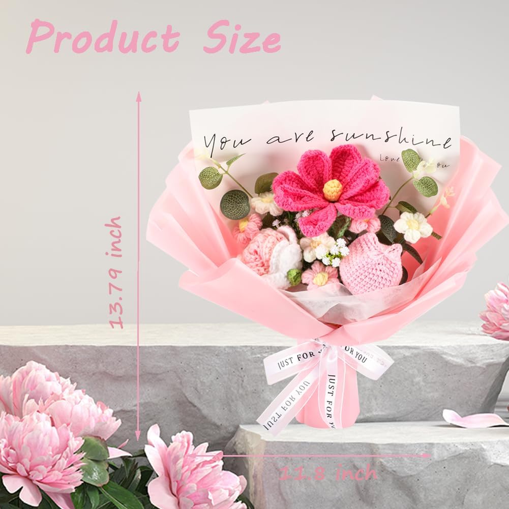 Chordobe Crochet Flower Blooming Tulip Bouquet: Handmade Artificial Flower Knitted Bouquet for Festival Wedding Graduation Anniversary (Pink) - Image 2