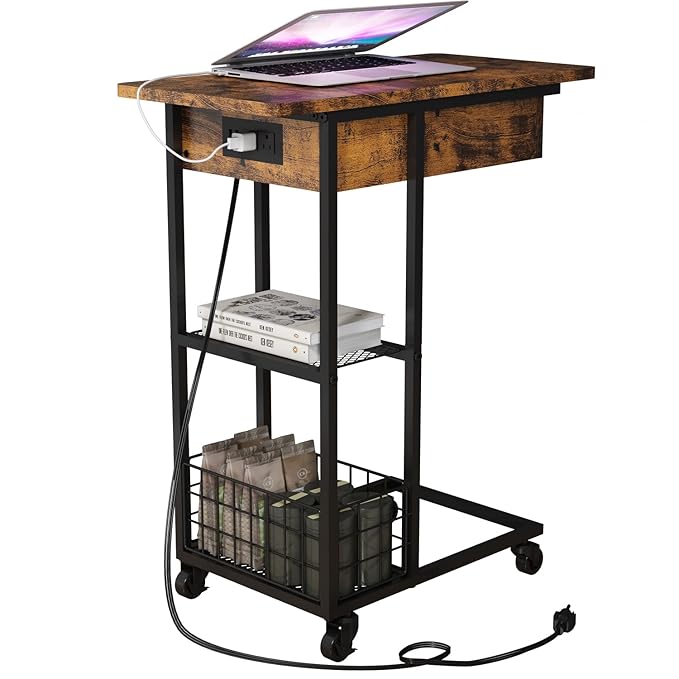 LIDYUK End Table with Charging Station, Flip Top Side Table with USB