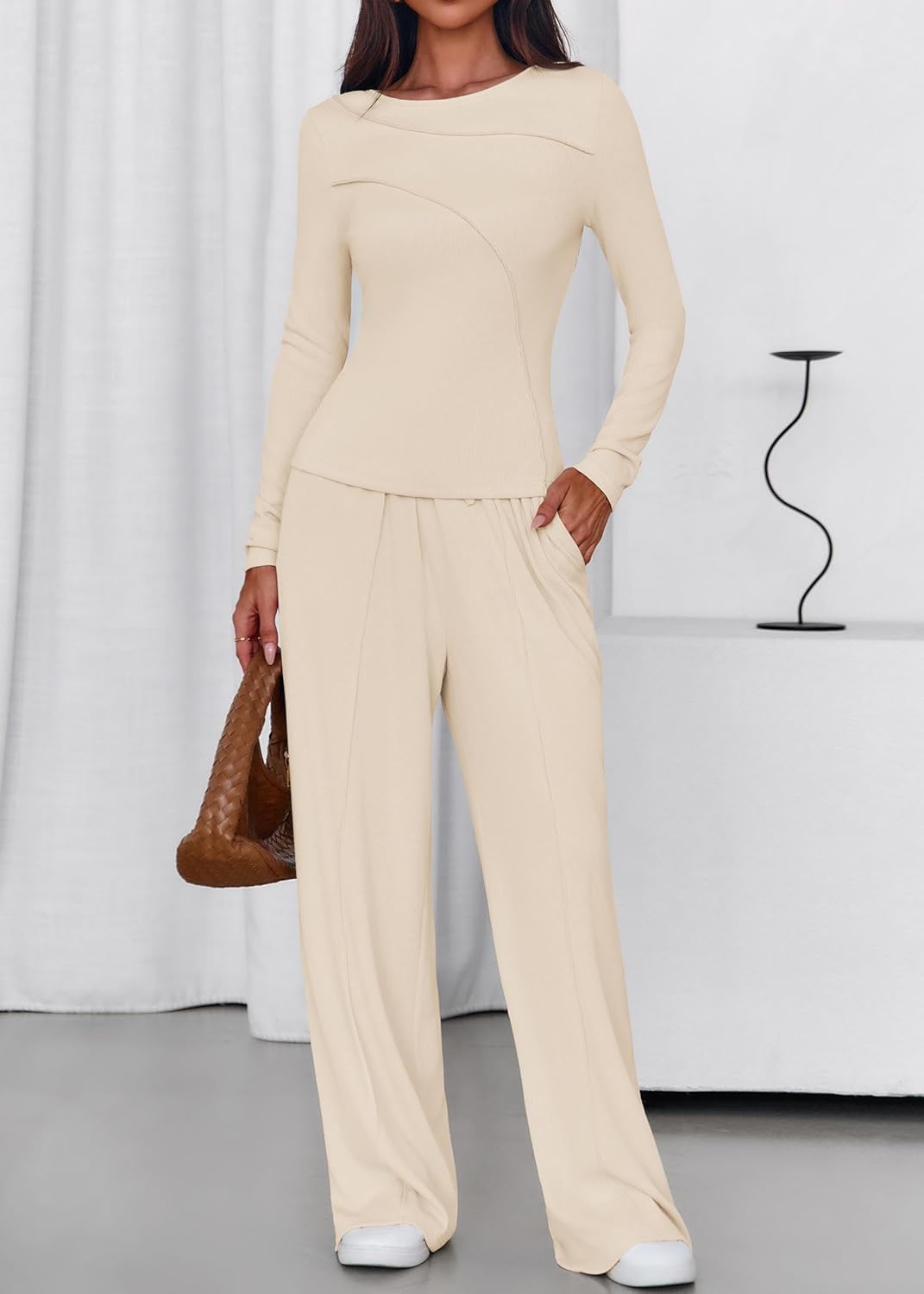 Lazysmile Lounge Sets For Women 2 Piece Sets Fall Outfits Long Sleeve Tops with Wide Legs Pants Casual Matching Set - Image 6