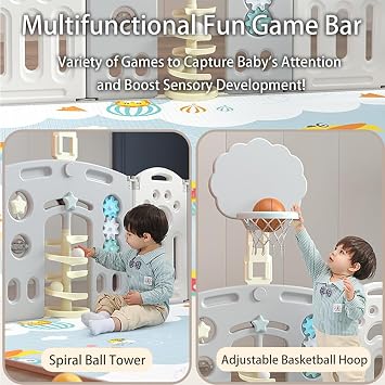 Adventure Lion Baby Playpen for Baby and Toddlers Foldable - Kids Play Pen Babies and Toddlers - Includes Play Mats, Activity Panel, Basketball Hoop & Balls (White/Pink)