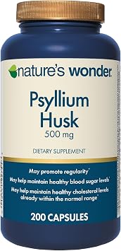 Natures Wonder Psyllium Husk 500 mg Capsules for Digestive Health, Plant-Based Fiber, 200 Count