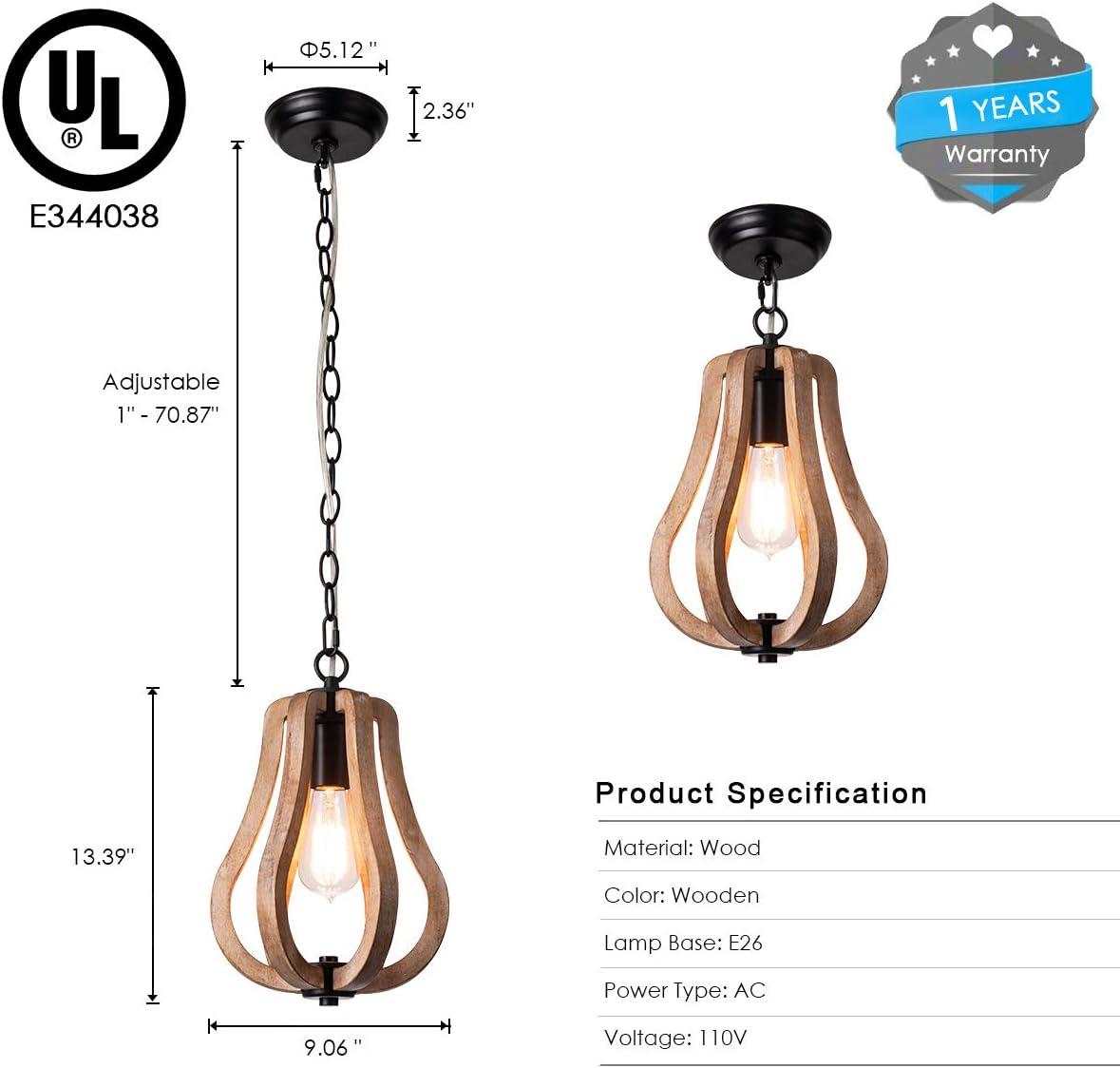 Bеѕt Dеаl 🛒 Wood & Metal Chandelier Fixture Antique Pendant Lamp Rustic Farmhouse Iron Wooden Chandelier Pendant Light Retro Ceiling Light Fixture for Kitchen Island 1XE26, UL Listed Wires, Medium1, by YIFI