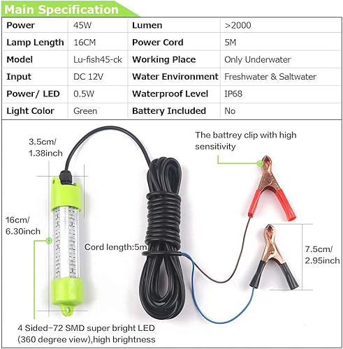 Miniatura 2 de Luces LED sumergibles de pesca, 12 V, IP68, impermeable, para exteriores, muelle subacuático, luz de pesca nocturna, señuelo buscador de cebos,