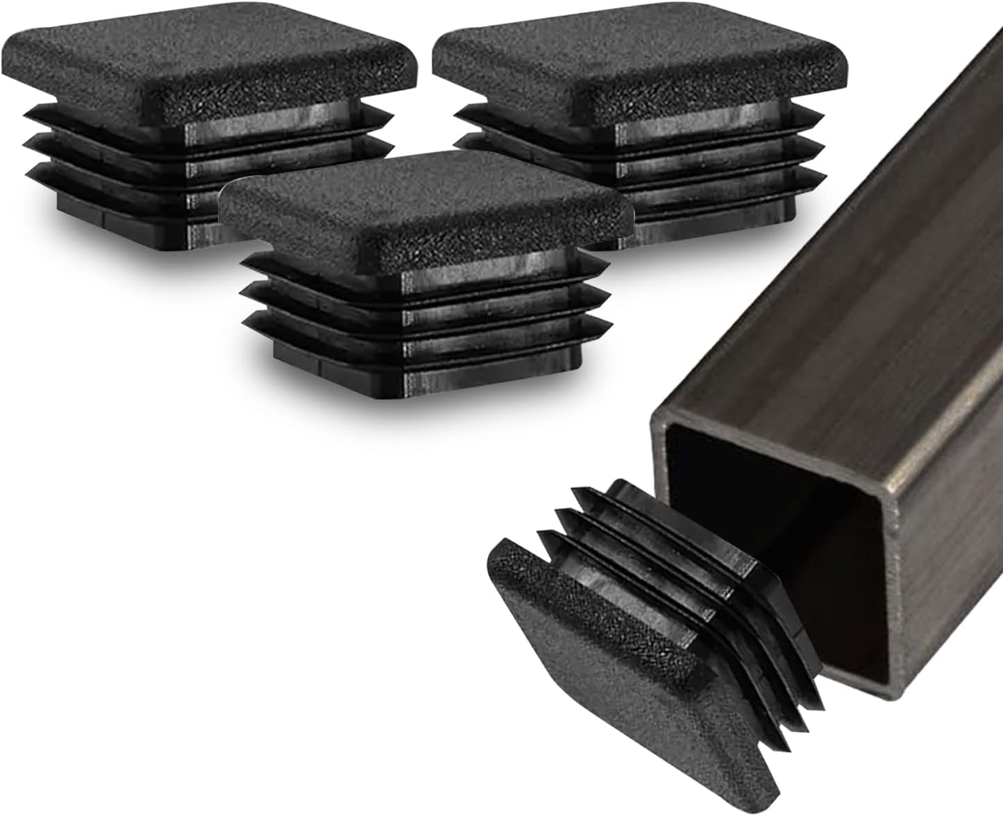 Prescott Plastics 1 1/4” (31.75 mm) Outer Perimeter Ribbed Plastic Hole Plugs, Square Black Metal Tubing End Caps, Strong Furniture Leg Inserts, Impact & Weather Resistant, Made in the USA - 20 Pack