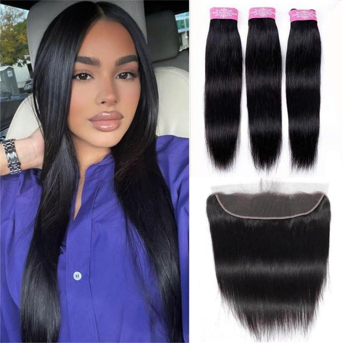 Sexycat Straight Bundles with 13x4 HD Lace Frontal Human Hair 14 16 18+12 Inch 100% Unprocessed Brazilian Virgin Hair Extensions Weave Weft Bundles with Lace Frontal