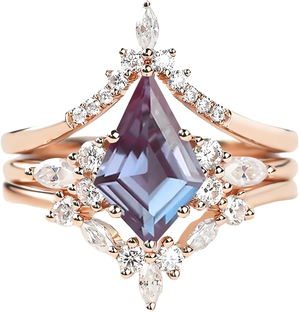 Kite Cut Gemstone Engagement Rings for Women 10K 14K 18K White Yellow Rose Gold Gemstone Wedding Ring Set Bridal Set 3pcs V Shaped Wedding Band Anniversary Promise Rings