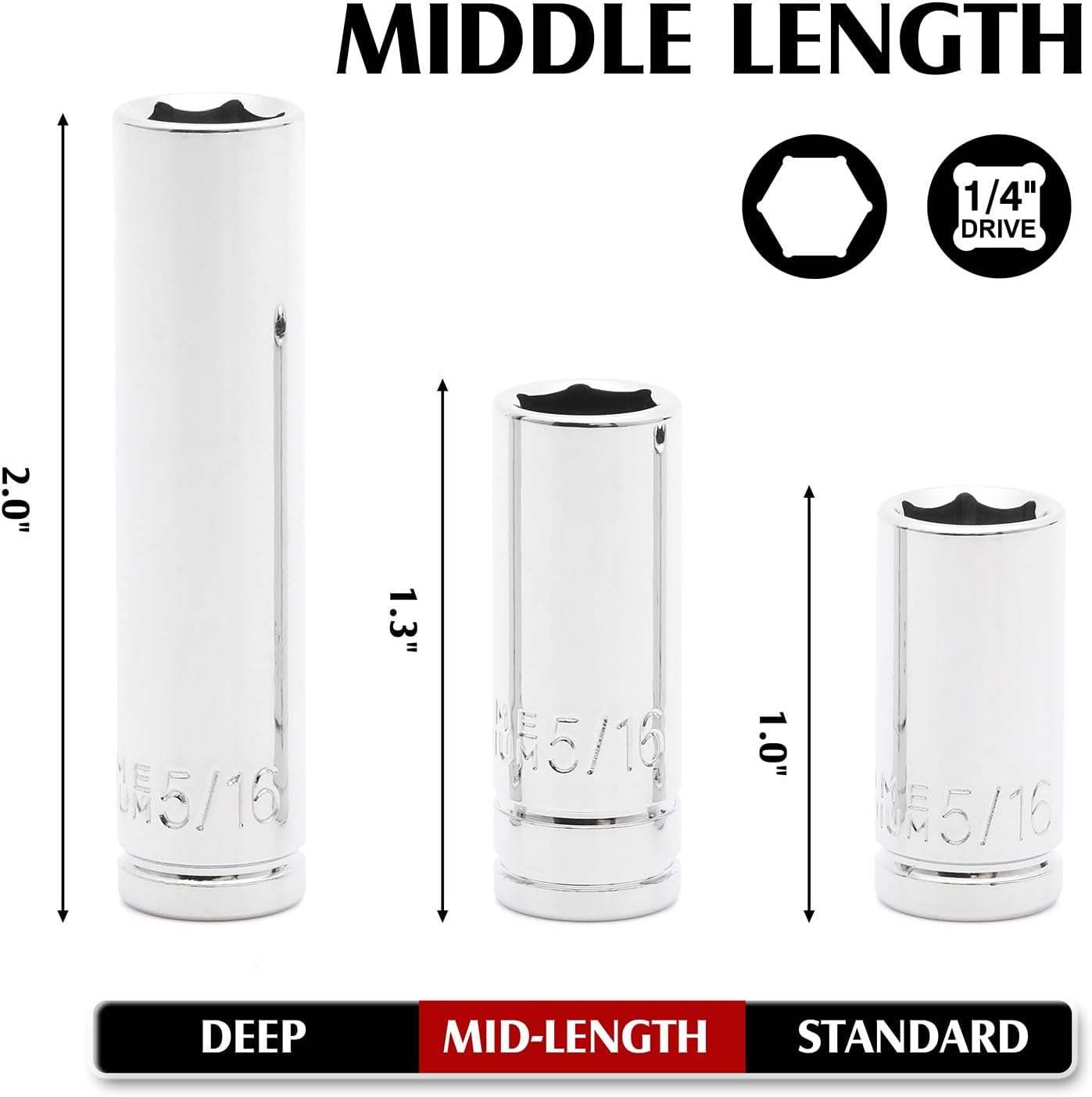 MIXPOWER 1/4" Drive Mid-Length Socket Set with Storage Rails, 10-Piece, 6 Point, 3/16"-9/16", CR-V, SAE, Semi-Deep Socket Set