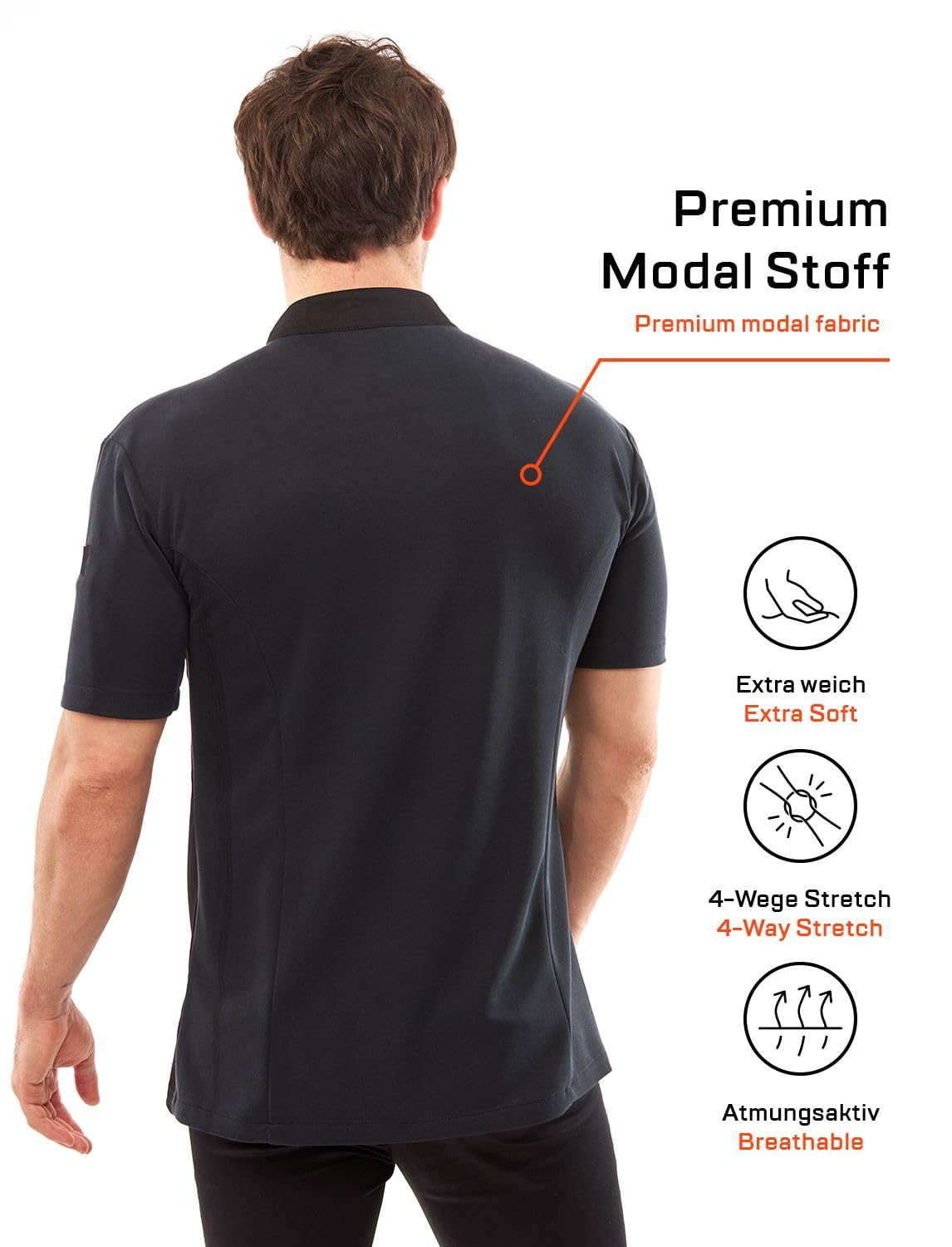 strongAnt Kochjacke Herren Kurzarm mit Druckknöpfen, Slim Fit, Stretch BW, Sommer Chef Uniform Jacket, Bäckerjacke - Modal - Schwarz, Größe: XS