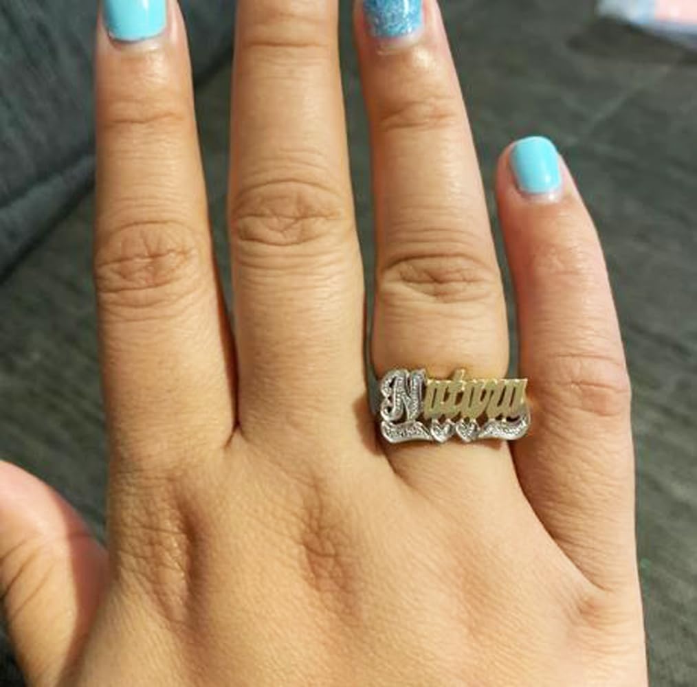 Lee113dZ Personalized Gold 10mm Size Pave cut on First Letter and Double Heart Tail Name Ring