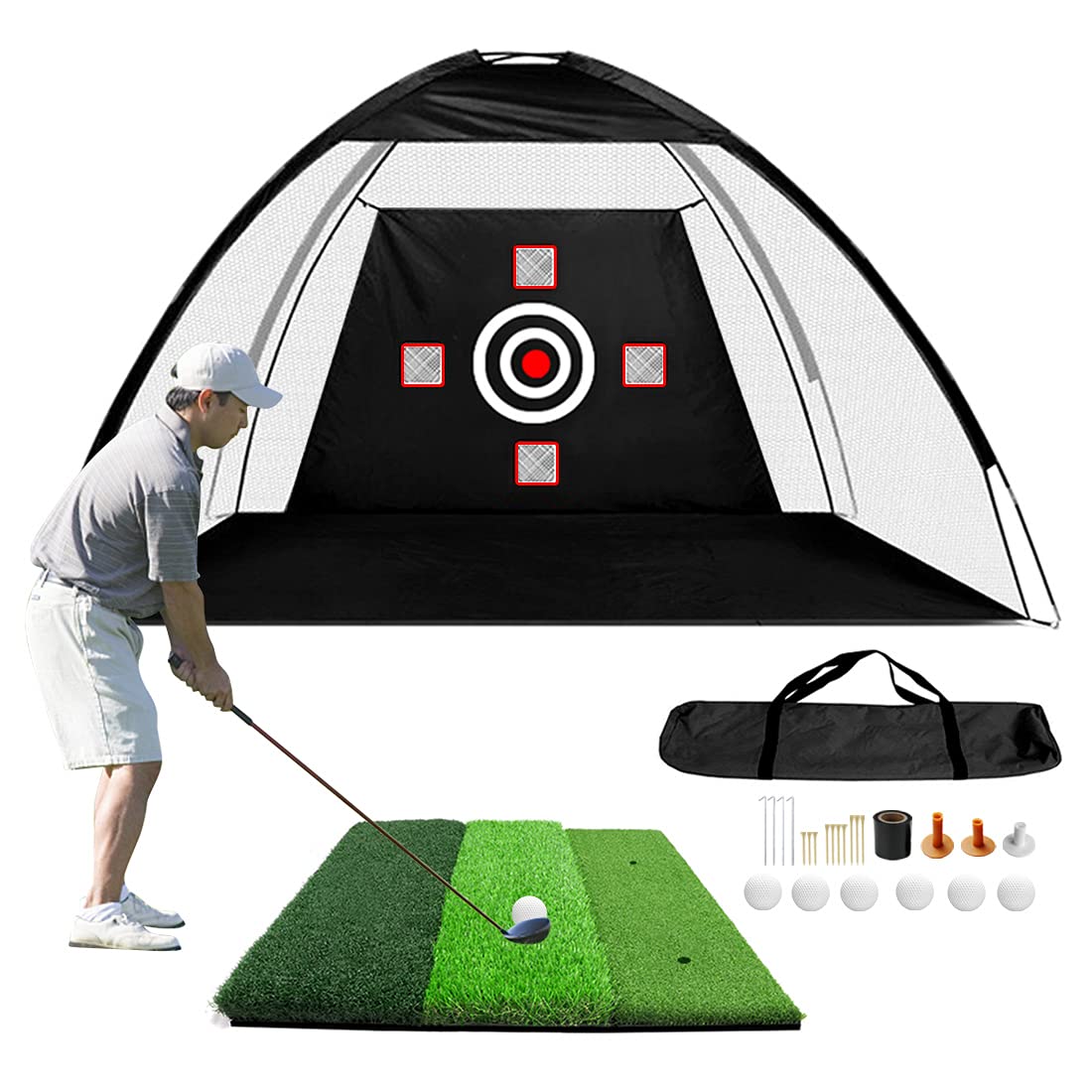 Golf Practice Net Set - 10 x 7ft Golf Hitting Training Aids Nets with Target, 25" x 25" Turf Grass Mat Foldable with 6 Pcs Balls and Tee Holder for Backyard Driving Range, Chipping Putting Training