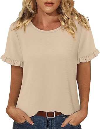 CRAZY GRID Women's Shirts Summer Casual Crewneck Ruffle Short Sleeve Blouses Cute Floral Print Tunic Tops