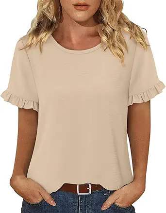 CRAZY GRID Women's Shirts Summer Casual Crewneck Ruffle Short Sleeve Blouses Cute Floral Print Tunic Tops
