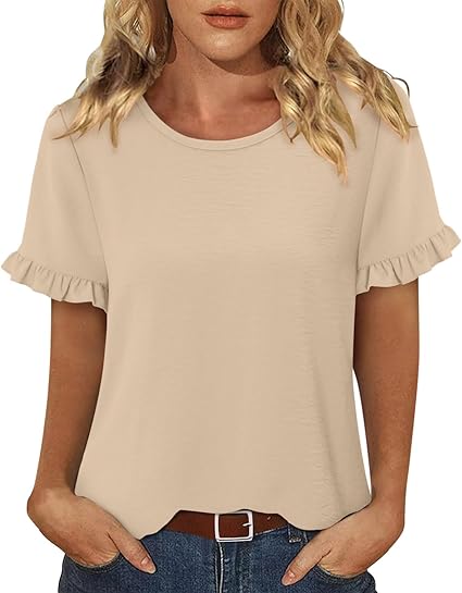 CRAZY GRID Women's Shirts Summer Casual Crewneck Ruffle Short Sleeve Blouses Cute Floral Print Tunic Tops
