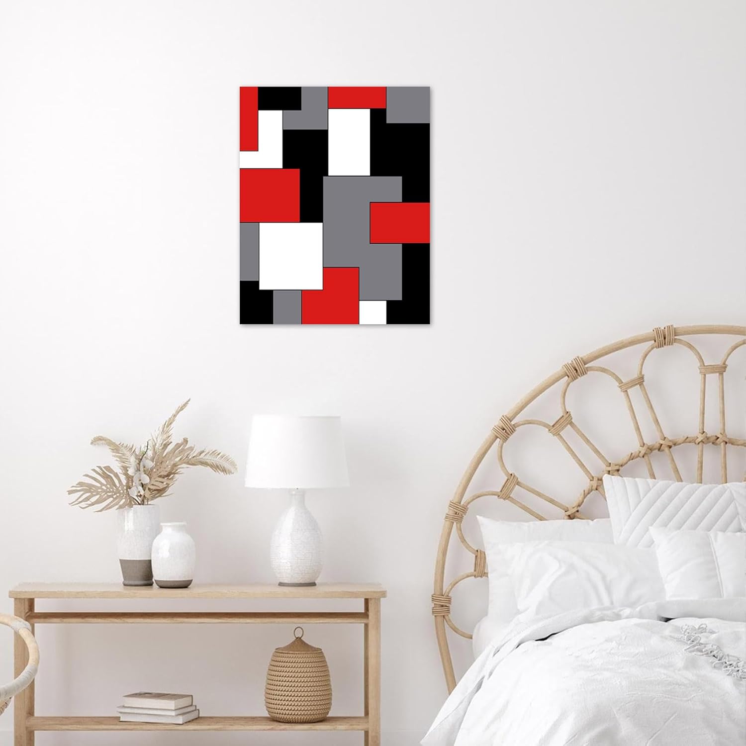 LB Modern Geometric Wall Art Red and Gray Geometry Pattern Minimalist Canvas Wall Art Black and White Abstract Wall Art Decor for Living Room Bedroom Bathroom Office Framed Ready to Hang 20L x 16W