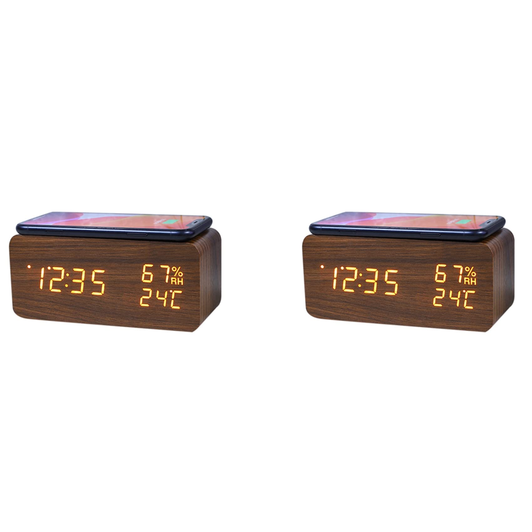 Réveil numérique LED avec thermomètre et chargeur induction sans fil marron x2