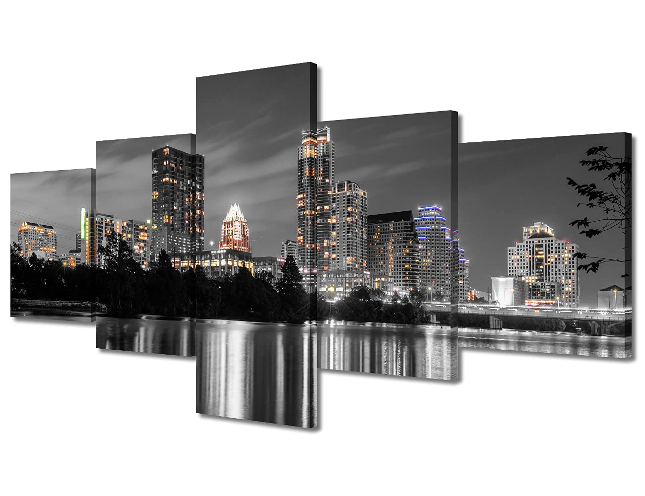 Austin Skyline Black and White Wall Art City Skyscraper Panoramic Wall Decorations for Living Room Modern 5 Piece Texas Cityscape Canvas Wall Painting Pictures Framed Ready to Hang (50" W x 24" H)