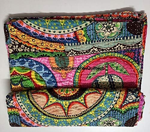 Multi Color Indian Cotton Handmade Quilted Blanket Indian Cotton Floral Print Bedspread Kantha Work Bohemian Bed Decor Throw Blanket Twin/King/Queen (90X108 inches) - Image 7