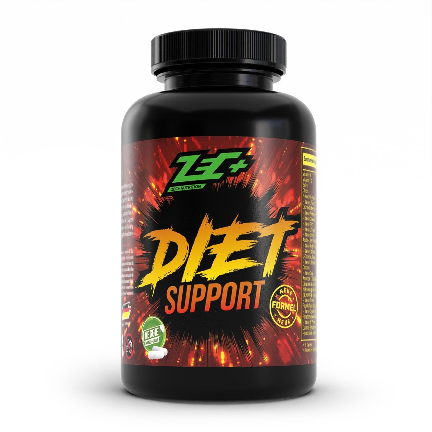 Zec+ Nutrition Diet Support, 100 Kapseln mit Grüntee- und Ingwerextrakt, Koffein und L-Carnitin, Made in Germany