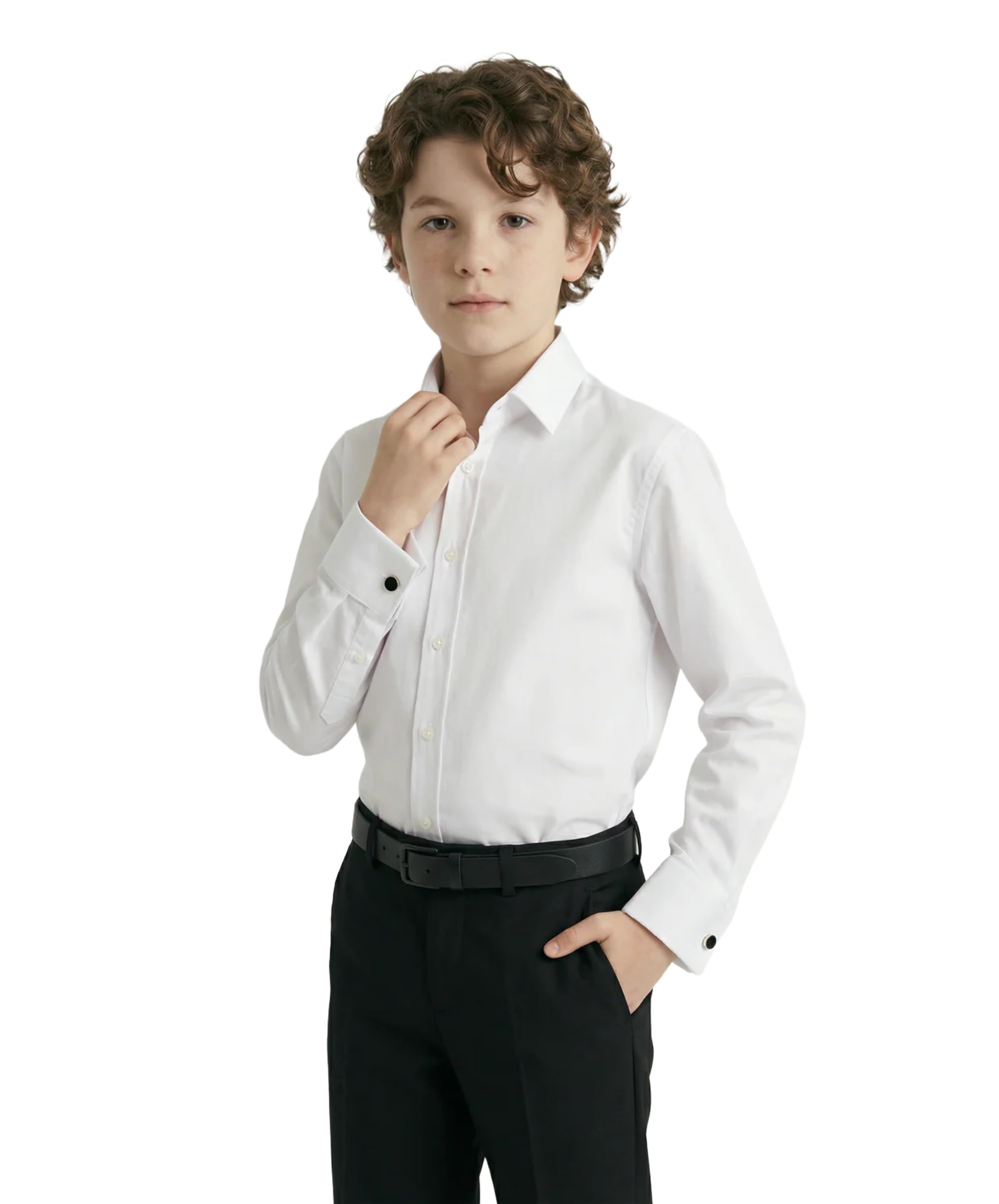 SIRRI Chemise habillée à Manches Longues Coupe Slim pour garçon avec col Classique et Boutons de Manchette en Blanc Taille 4-5 années