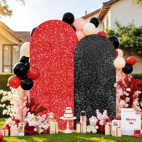 Image of Red Black Sequin Arch Backdrop Cover Set of 2 (7.2ft+6ft) Round Top Chiara Arch Background Balloon Arch Cover for Birthday Wedding Graduation Anniversary Decorations