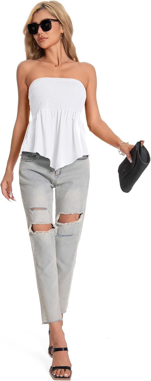 TAIPOVE Tube Tops for Women Smocked Summer Strapless Bandeau Shirts Ruffle Hem Cute Peplum Trendy Going Out Outfit - Image 6