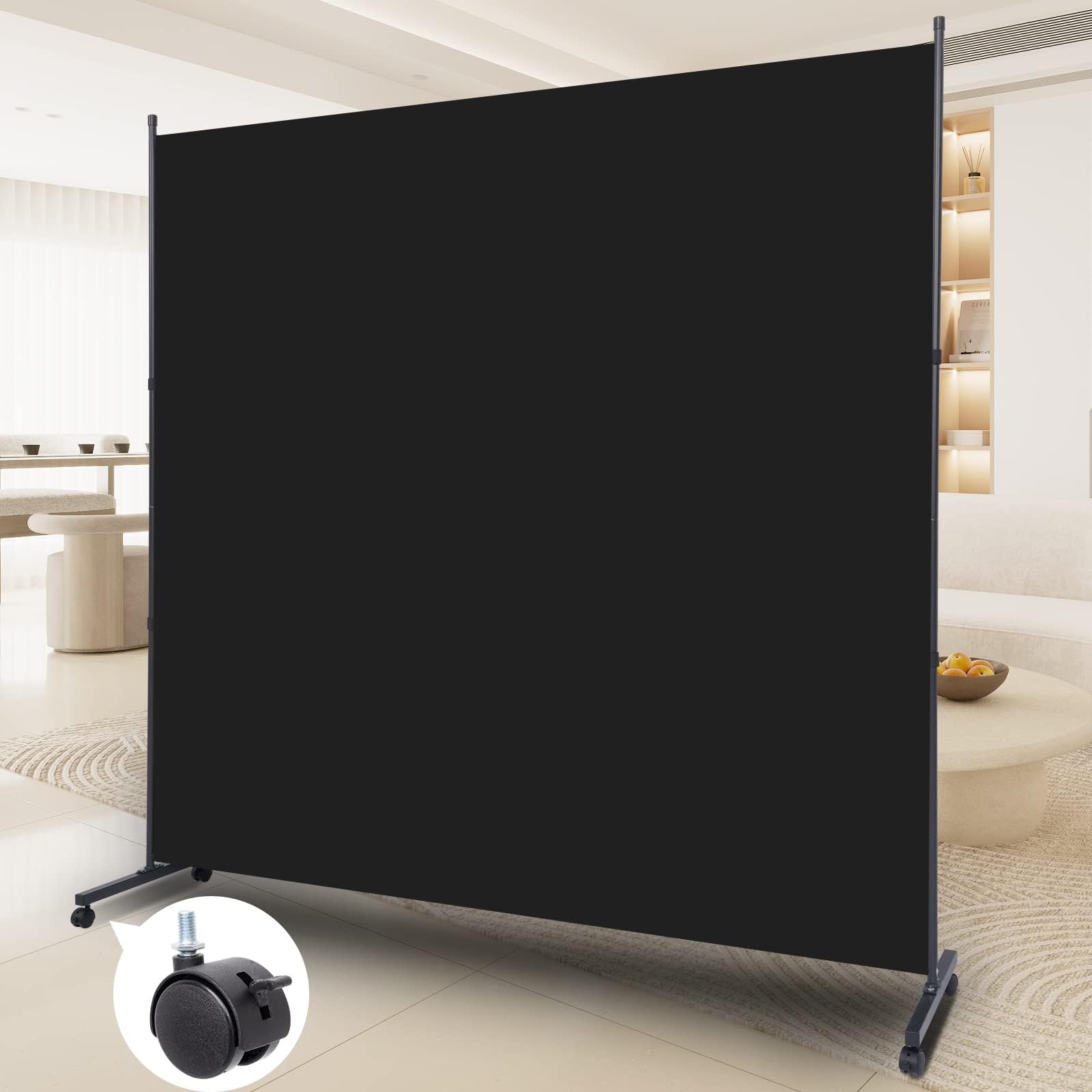 Room Divider Folding Privacy Screens with Wheels, 6FT Tall Divider for Room Separation, Movable Room Partitons and Dividers, Indoor Room Dividers Panel with Fabric (Black, 1 Panel-71‘’-Wheels)