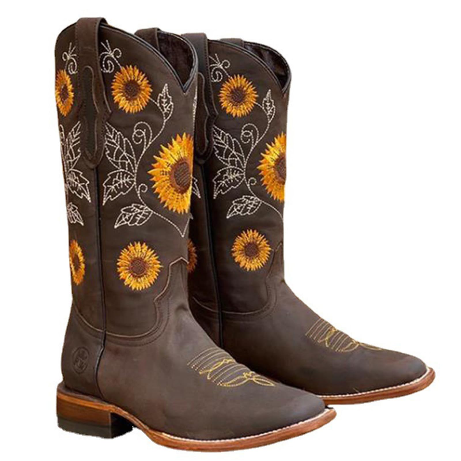 FGRID Damen-Westernstiefel mit Sonnenblumen-Stickerei, modischer Cowgirl-Stiefel aus Kunstleder mit quadratischer Zehenpartie, Winterstiefel mit breiter Wade und schmaler Zehenpartie