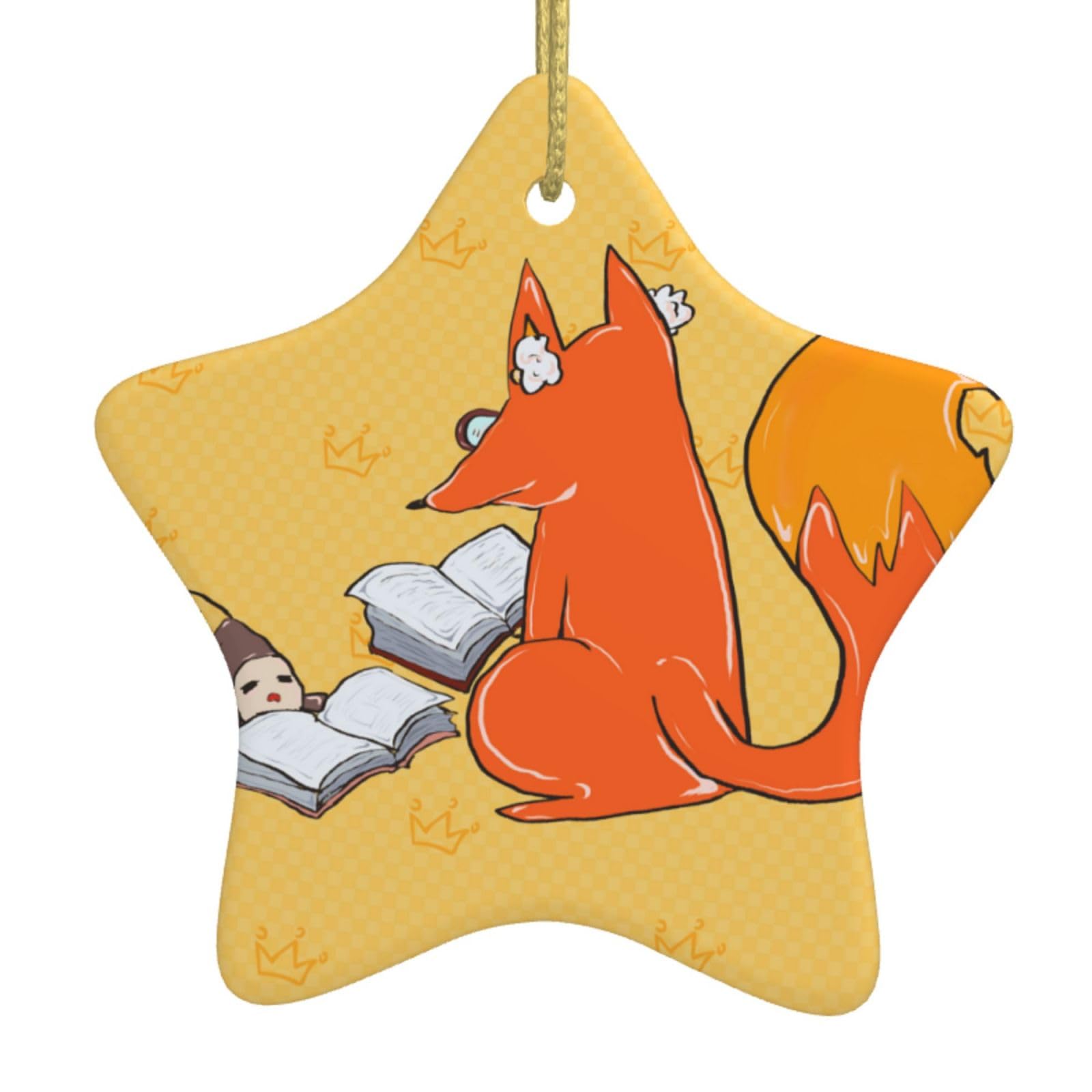 Sunflower Seeds and Foxes Christmas Ceramic Star Pendant with Punched Holes and Gold Wire Rope, Christmas Tree Home Decoration