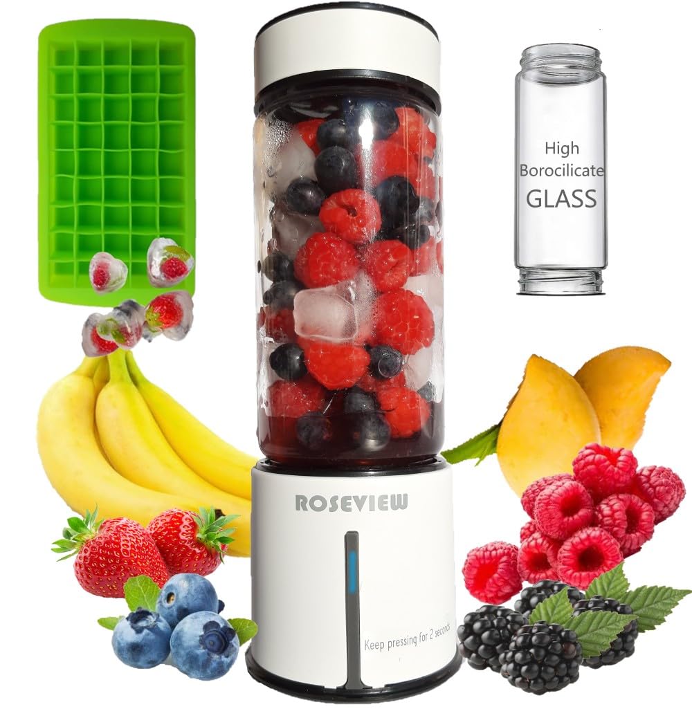Amazon.com: Portable Smoothie blender ROSEVIEW Glass bottle USB  rechargeable mini Handheld Ice Shakes Cup 2 blend juicer Cordless Personal  smoothies maker Fruit mixer: Home & Kitchen