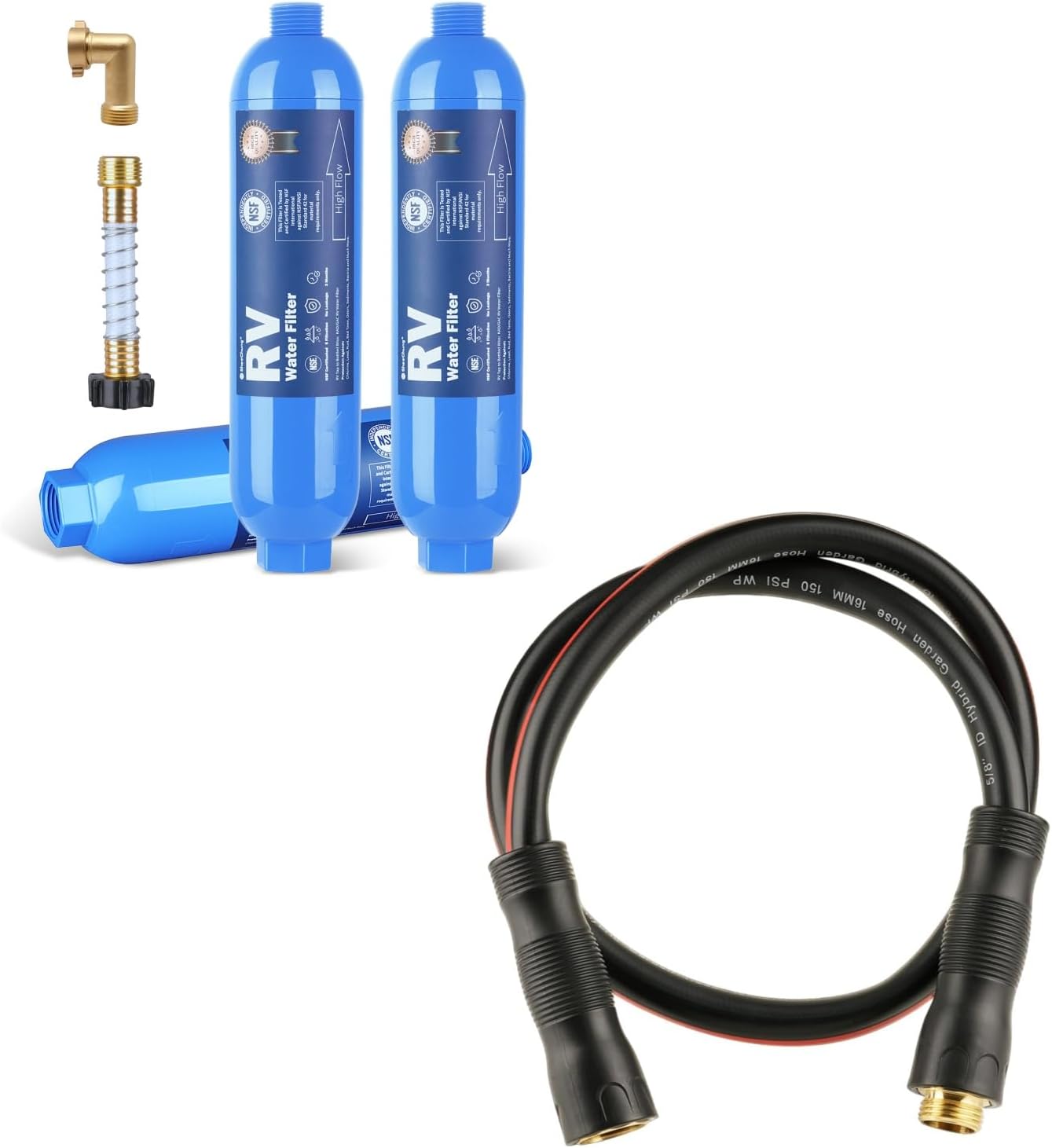 SheeChung RV Water Filter, NSF Certified, 3 PACK with Brass 90 Degree Hose Elbow And Short Garden Hose 4ft x 5/8",Heavy Duty Water Hose for Hose Reel Faucet